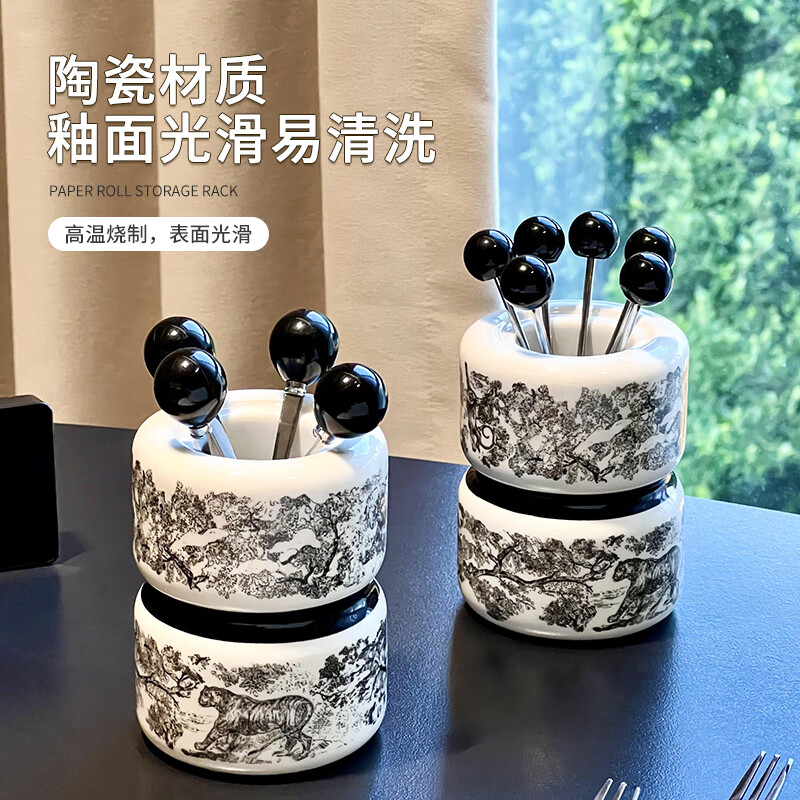 Zunmousse ceramic fruit fork set light luxury home living room dining table coffee table cake dessert fork coffee spoon creative storage jar ink tiger fruit fork jar 1 jar 6 forks