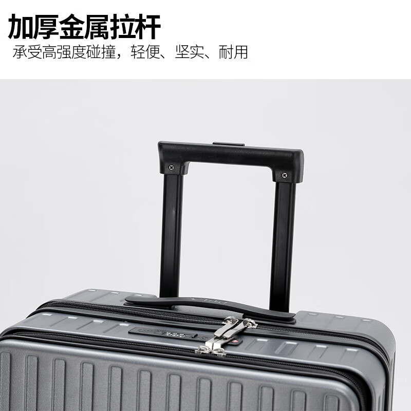 DULA front opening cup holder suitcase trolley case USB charging suitcase boarding case password box black with gray 20 inches