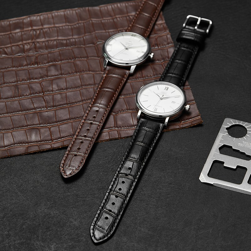 Istrap genuine leather watch strap for men and women with crocodile pattern cowhide suitable for Tissot, Longines, Mido, Citizen, Casio dw, Seiko Seagull, Fiyada, Armani watch with Leloc bracelet, black same color thread, golden pin buckle and dial interface width 20mm
