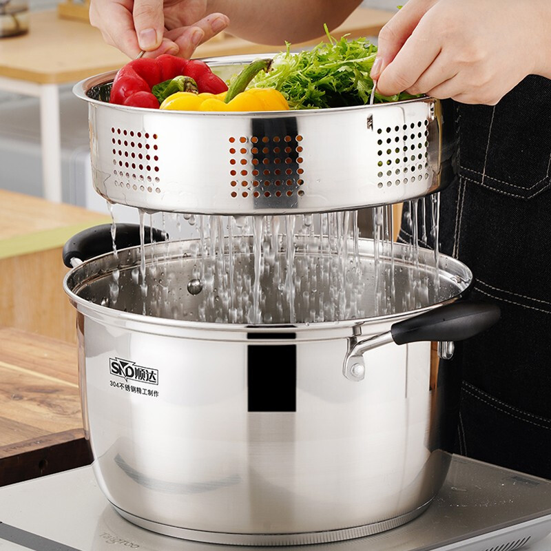 Shunda (SND) Japanese steamer 304 stainless steel thickened double bottom single layer multi-purpose soup pot open flame induction cooker universal 22cm