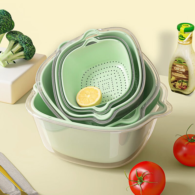 YOUQIN double-layered sink drain basket eight-piece set for kitchen, living room, home fruit plate, simple plastic vegetable basket, matcha green - double-layered drain basket, 8-piece set