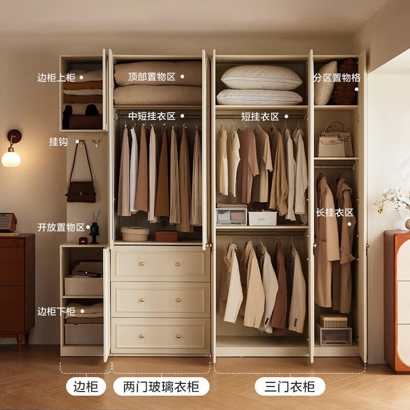 Lin's Home French Retro Large Wardrobe Home Bedroom Finished Storage Cabinet to Top Cloakroom Lin's Wood Industry VE1D 2.0m high | Regular style four-door wardrobe + side cabinet