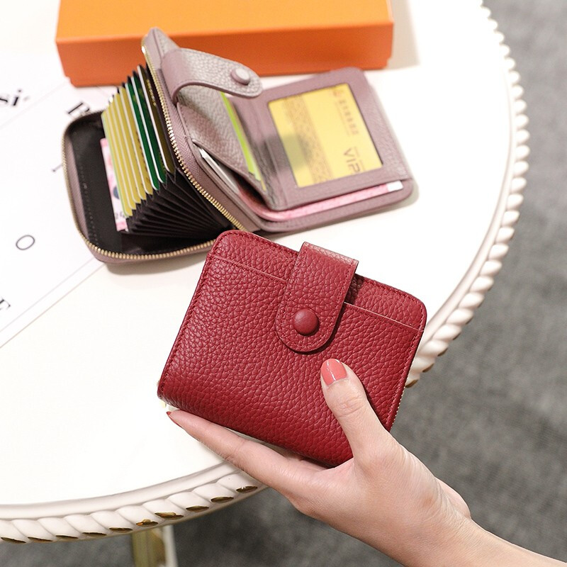 Sephoron 2026 New Genuine Leather Short Wallet Card Holder Integrated Folding Wallet Women's Versatile Valentine's Day Zipper Card Holder Soft Leather Burgundy