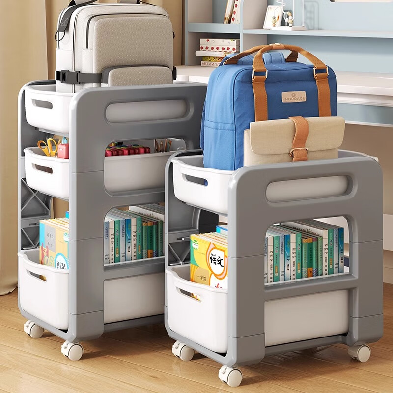 Kunfeng schoolbag storage rack movable under the desk household trolley bookshelf under the table to store bags and artifacts with pulleys gray-two layers basic model