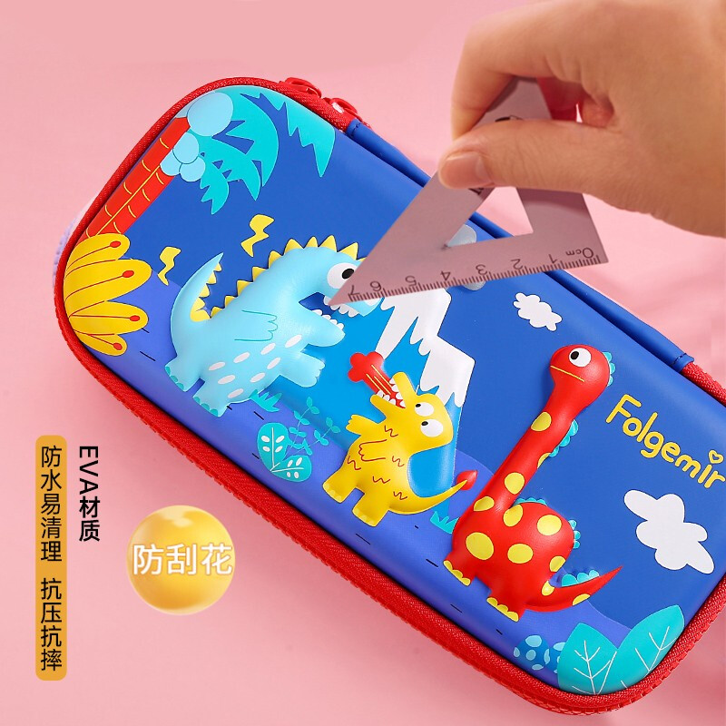 Folgemir stationery box multi-compartment anti-fall and anti-pressure pencil case pencil case large capacity EVA pencil case dinosaur century blue
