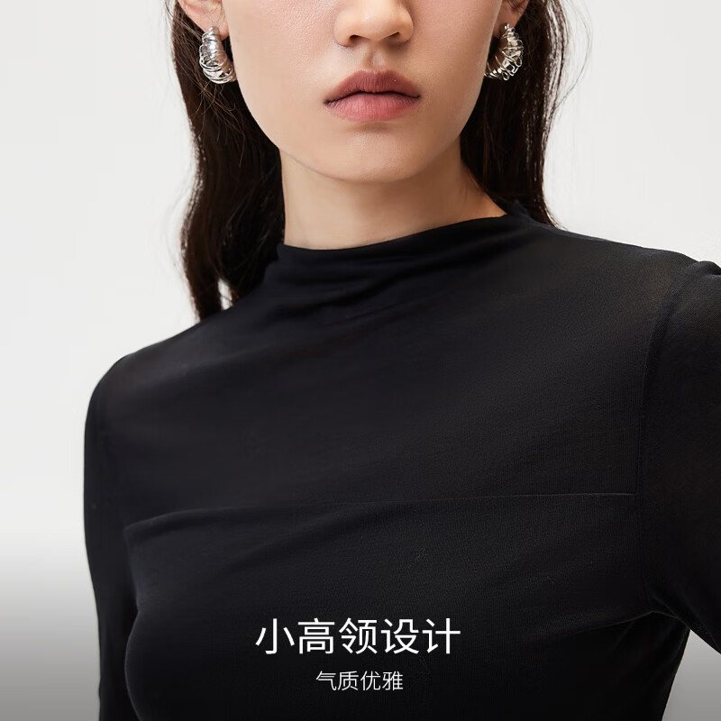 VEROMODA T-shirt for women 2024 autumn and winter new style semi-transparent semi-high collar spliced bottoming shirt versatile and fashionable 324302048