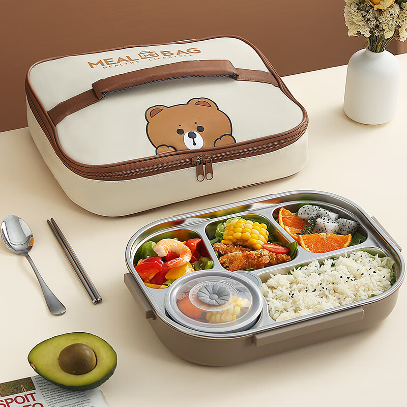 Baichunbao student lunch box bag handbag square flat insulated lunch box bag lunch box handbag with rice bag lunch bag square bear medium size