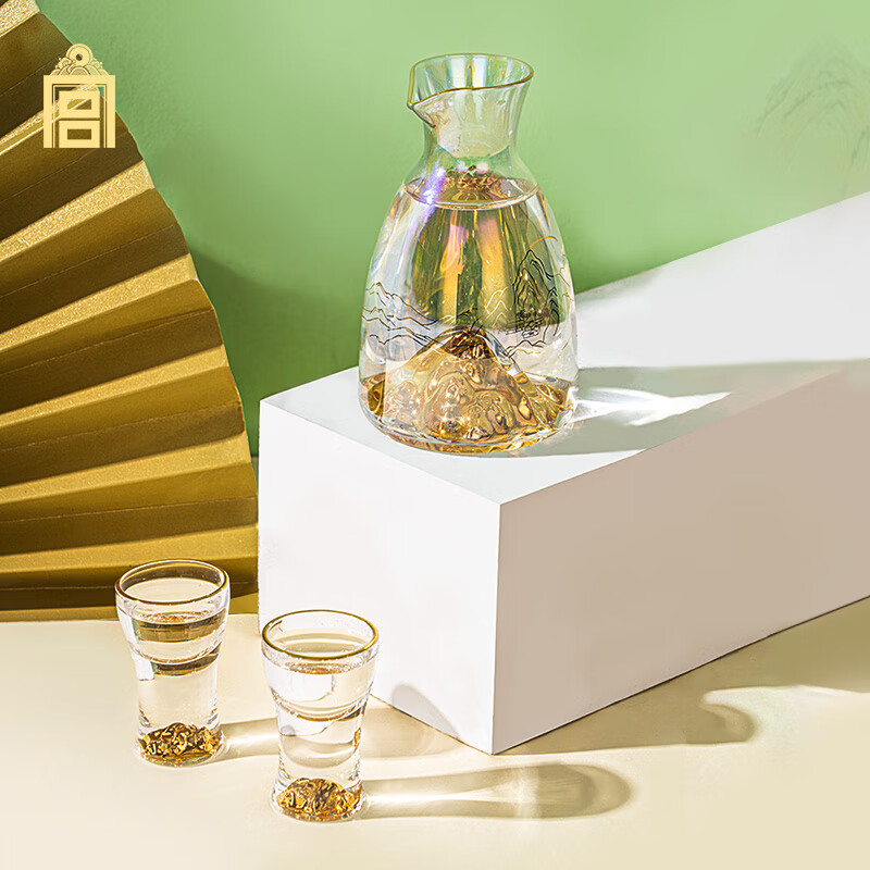 Palace Museum Culture Qianli Jiangshan Wine Set Colorful Crystal Glass Liquor Cup Wine Divider Palace Museum Cultural and Creative Gifts Gift Box (1 Pot 2 Cups)