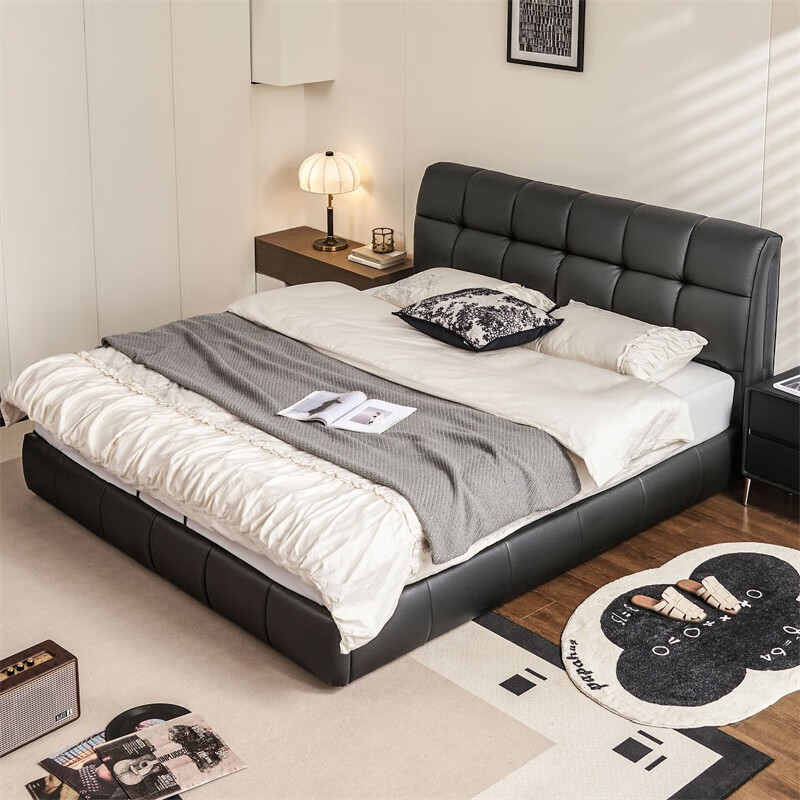Lin's home leather art bed double bed 1.8m 1.5m master bedroom large bed head layer cowhide bed bedroom furniture TPC662 black brown floor bed 1.8mx2m bed + 0 glue spine pad (20cm)