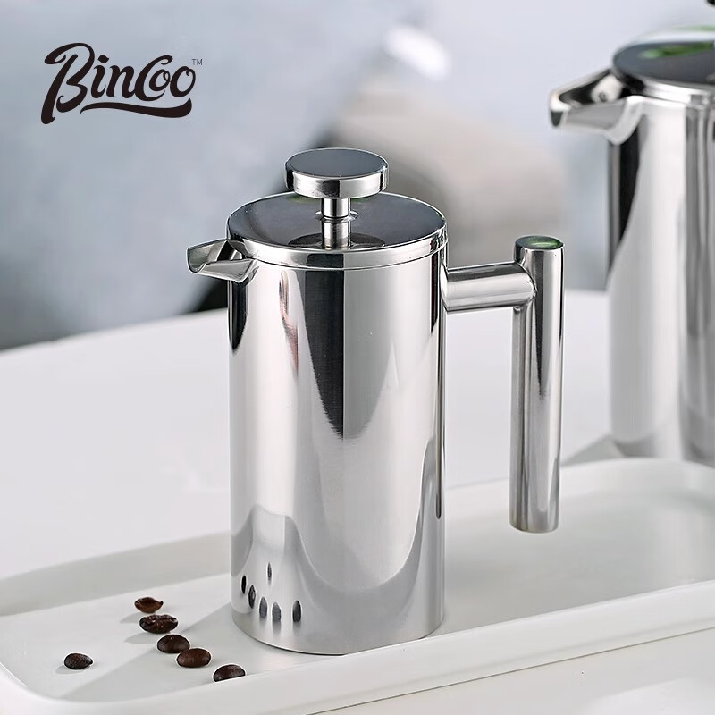 Bincoo double-layer 304 stainless steel French press filter household large-capacity hand-brewed coffee pot milk frother steel color-1000ml