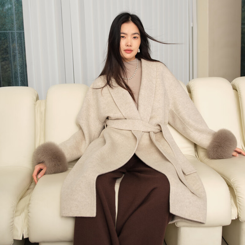 Eveli (eifini) Jiang Xin endorses all-wool cuffs removable decorative belt waist-cinching short double-sided woolen coat winter new style light brown L 165/88A