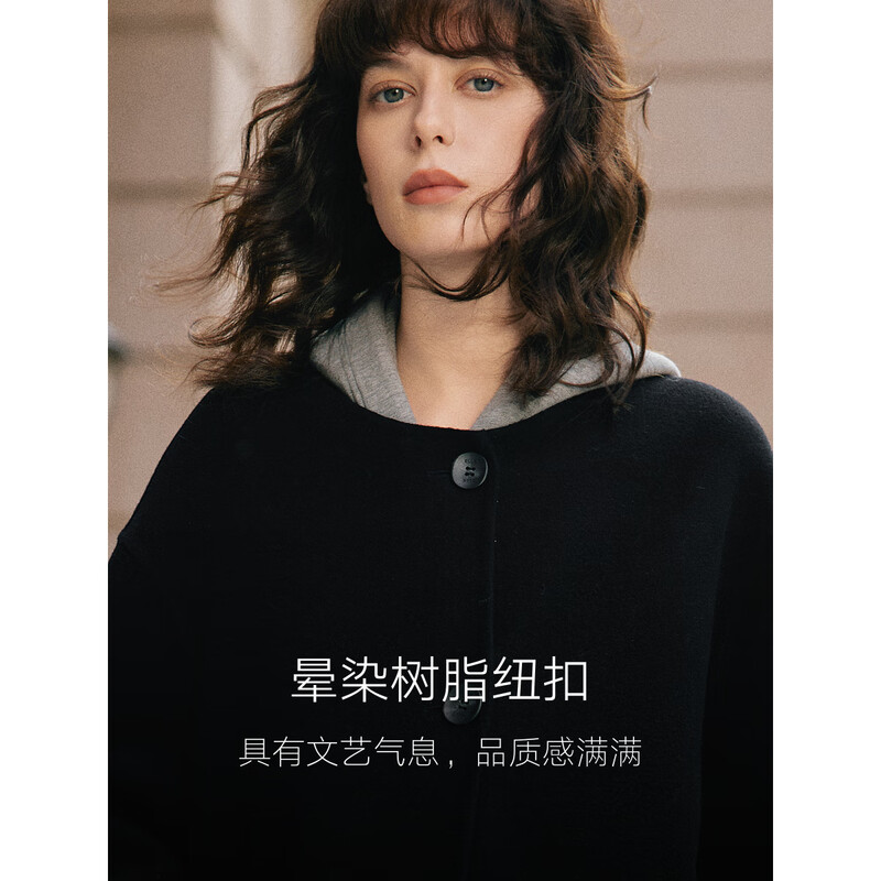ELLE sheep wool two-piece woolen coat for women 2025 winter new casual hooded wool coat black M