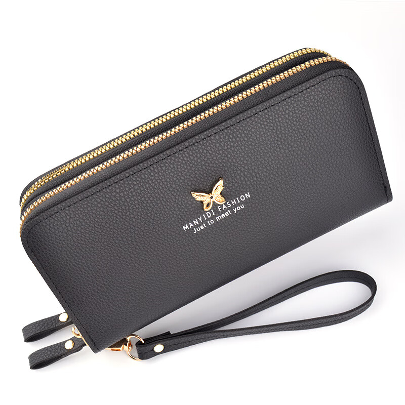 New style portable wallet for women, long double zipper clutch bag, large capacity double layer mobile phone bag, fashionable litchi pattern wallet, maroon