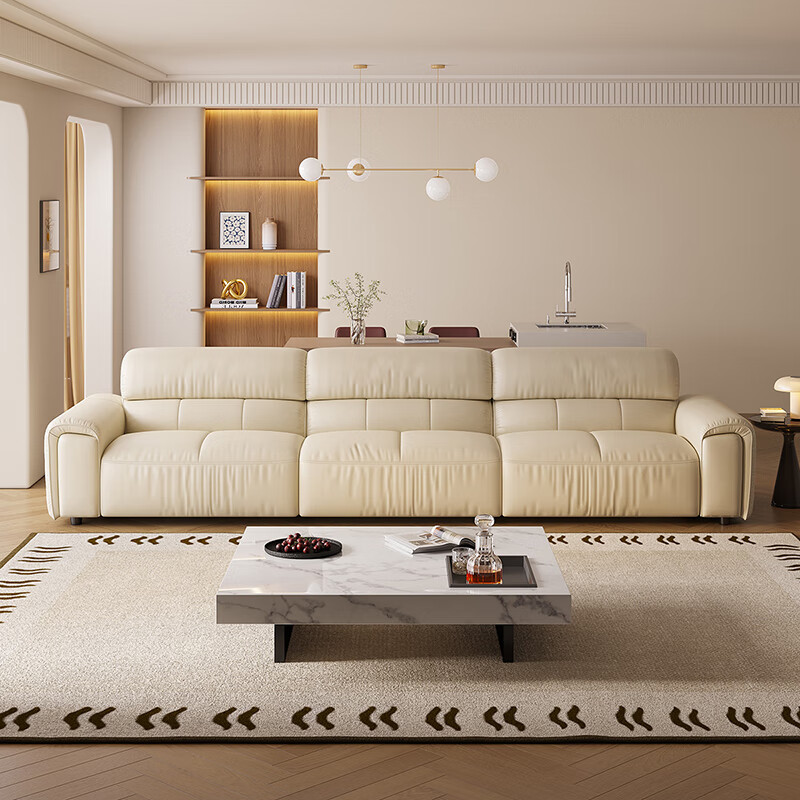 Quanyou Home Modern Simple Leather Sofa Living Room Cream Style Cowhide Straight Sofa Home One-Word Sofa