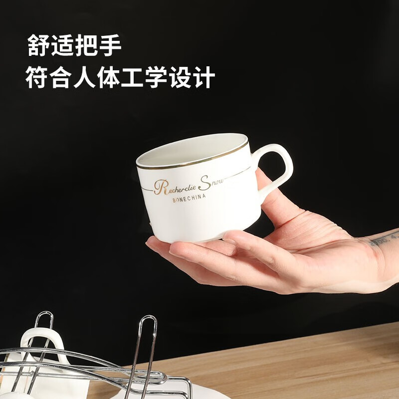 Mongdio Ceramic Coffee Cup Set Small Exquisite Light Luxury Latte Cup Hanging Ear American Cup Saucer with Stand Phnom Penh 6 Cups 6 Saucers 6 Spoons + Silver Stand Set