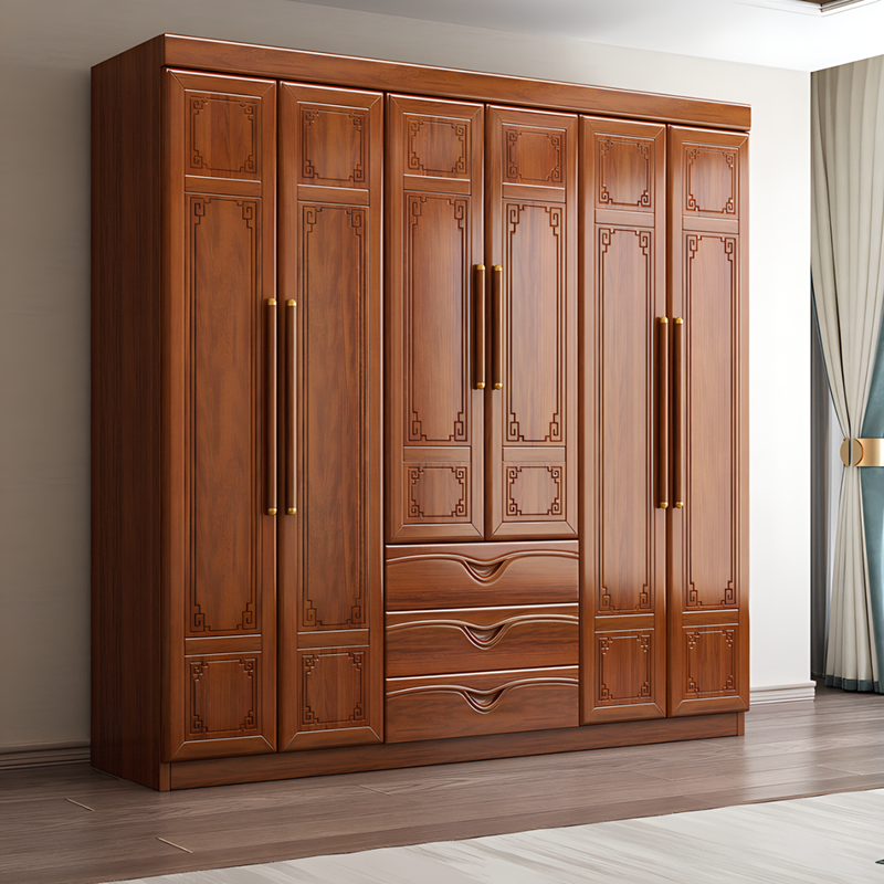 Hengyun Wardrobe New Chinese Style Golden Rosewood Wardrobe with Drawers Bedroom Home Locker Top Cabinet Wardrobe Z8628-1 Six-Door Wardrobe with Center Drawer Golden Rosewood