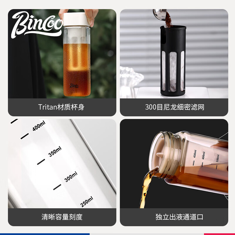 Bincoo Square Cold Brew Coffee Cup Portable Cold Brew Bottle Cold Brew Cup Tritan Water Cup American Cold Brew Black 480ml