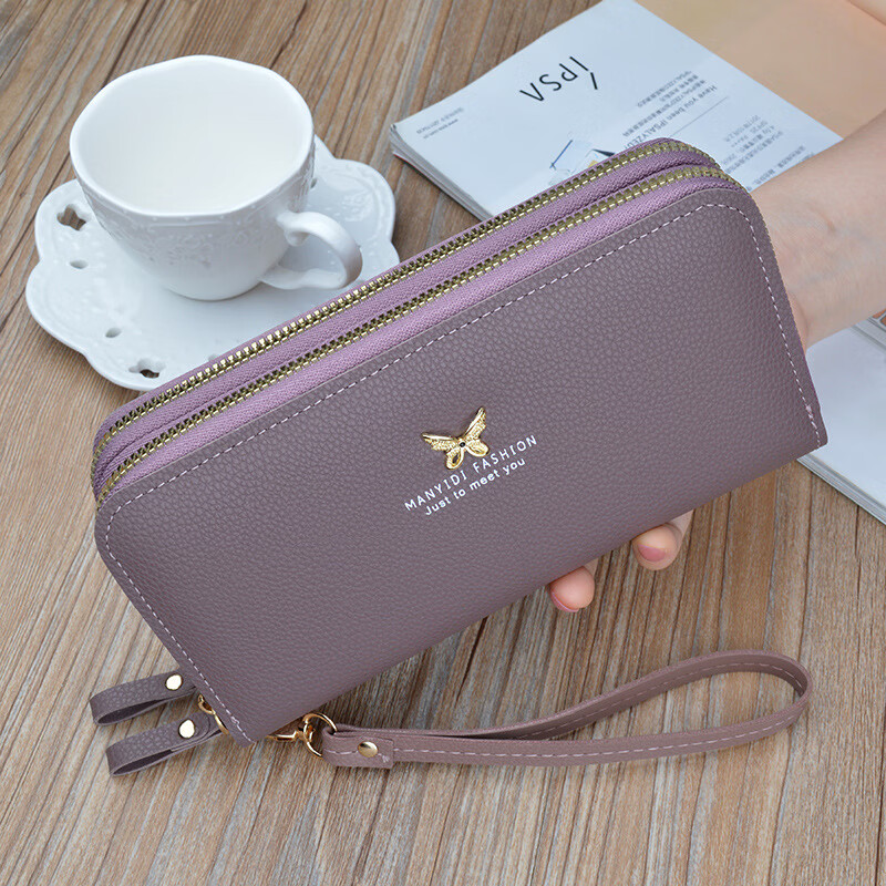 New style portable wallet for women, long double zipper clutch bag, large capacity double layer mobile phone bag, fashionable litchi pattern wallet, maroon
