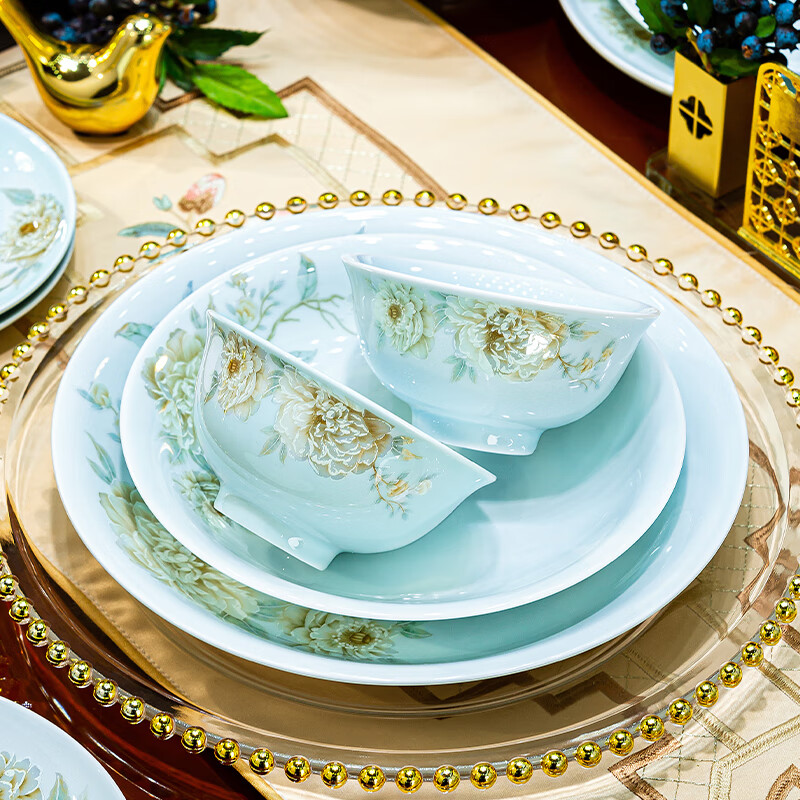 NINE CRANES Jingdezhen 2024 Celadon Tableware Set Light Luxury High-end Dishes Set Home Moving Bowl and Chopsticks Plate Set Celadon 10-Person Set High-end Brocade Box 70 Pieces