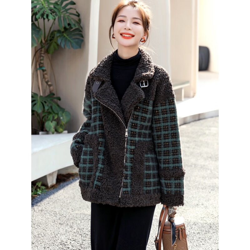 Chuxin woolen coat for women 2025 autumn and winter new style women's short woolen coat for women Korean style plaid plush coat for women Kage S (90-115 catties)