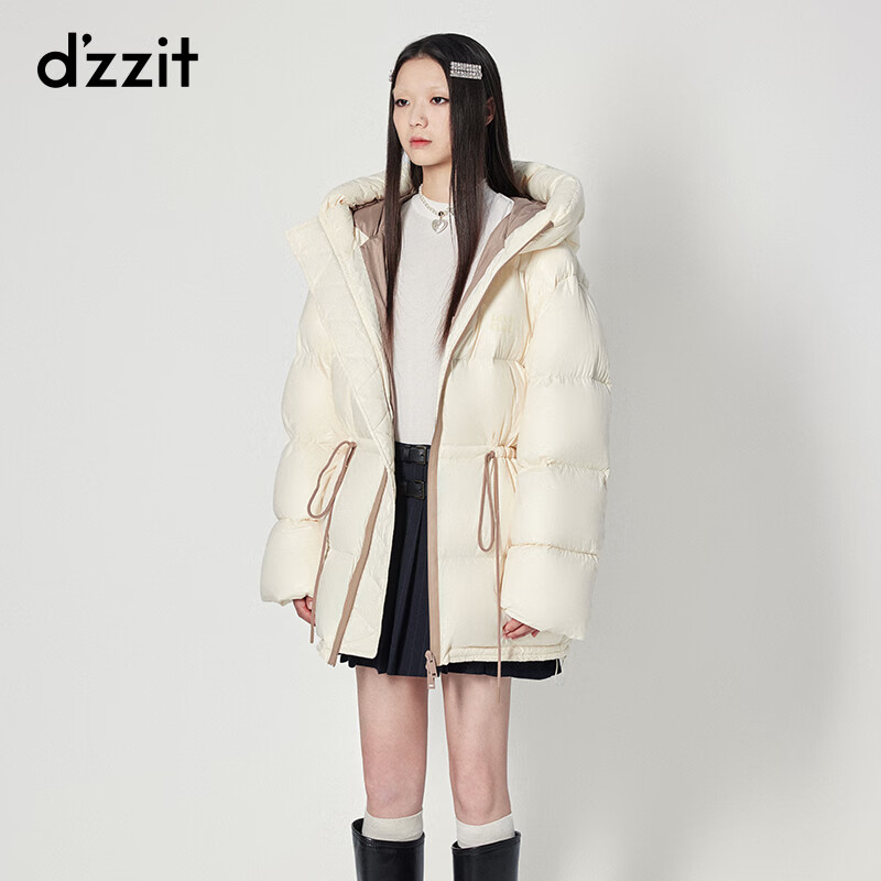 DZZIT mid-length down jacket autumn and winter puff down contrast drawstring design for women white XS