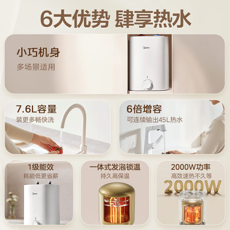 Midea 7.6-liter water storage type small kitchen treasure under-counter electric water heater household 45-liter first-class energy efficiency JD.com self-operated 2000W kitchen hot water treasure national subsidy F7.6-20CB5 (ES)