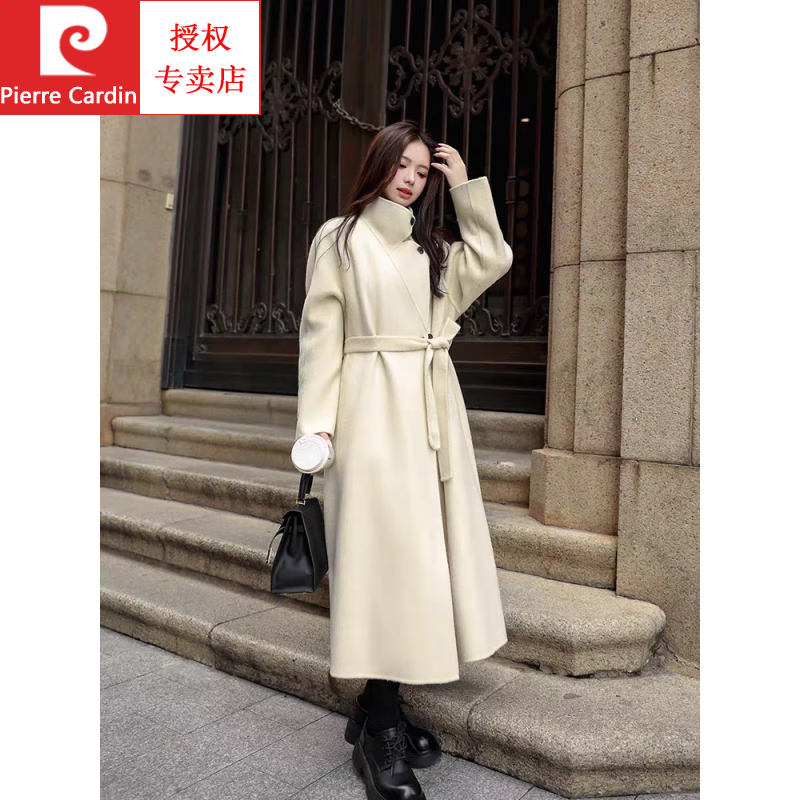 Pierre Cardin thickened wool new cashmere autumn and winter coat long stand-up collar double-sided New Year woolen jersey coat Angora red M