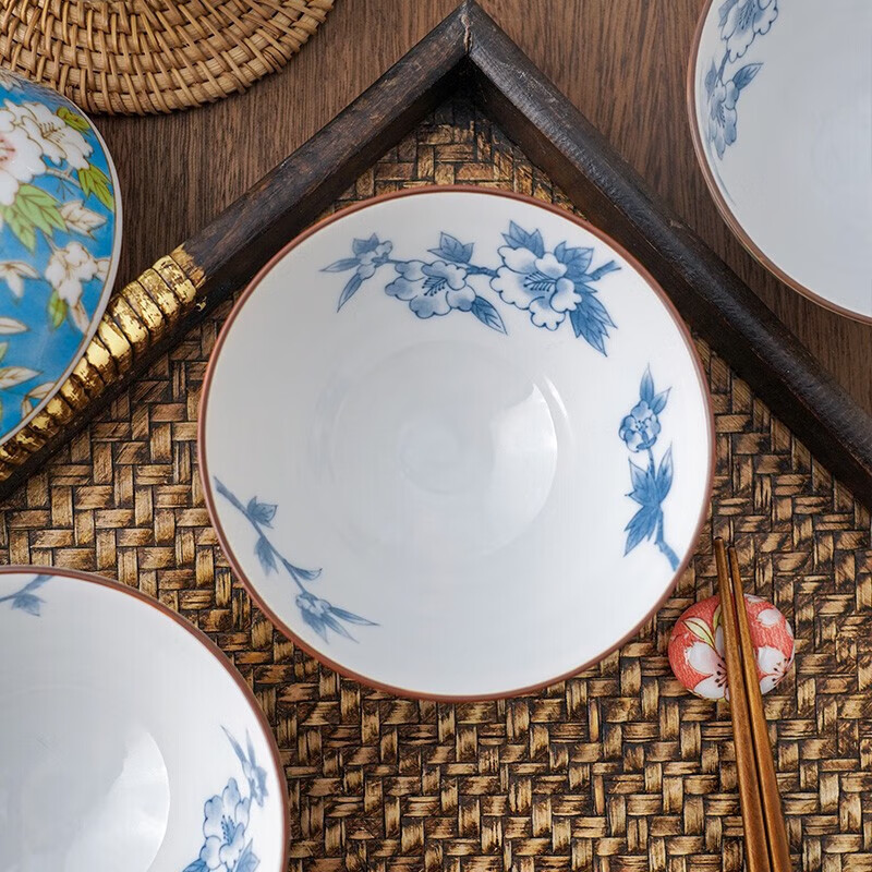 Mino Yaki Japanese imported ceramic rice bowl 4.5-inch hibiscus flower bowl 5-piece set