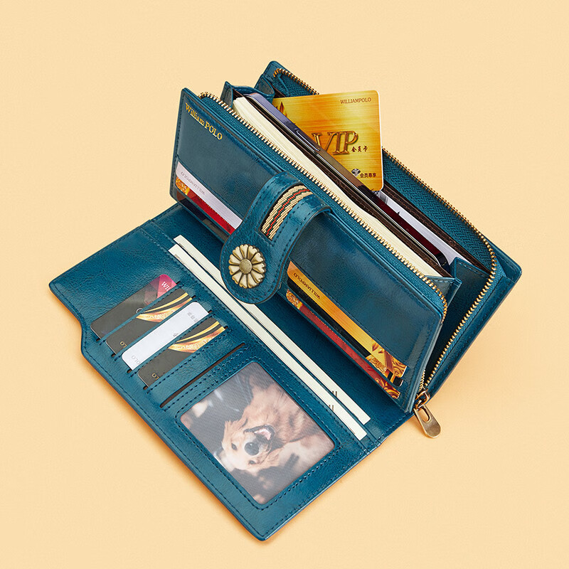 British Paul Genuine Leather Wallet Women's Handbag Women's Small Bag Clutch Long Wallet Card Bag New Year's Gift for Girlfriend and Mom Peacock Blue-Oiled Waxed Cowhide