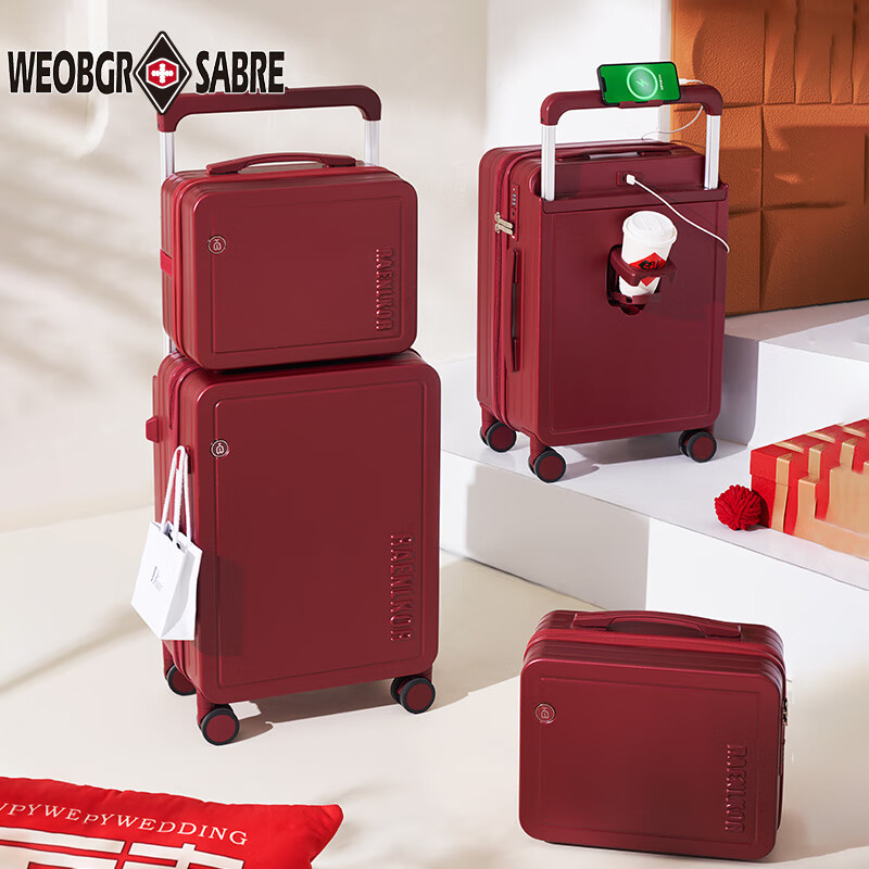 WEOBGR SABER Swiss Army Knife wedding burgundy suitcase mother bride's dowry wide trolley wedding dowry pair of password boxes burgundy mother and daughter suitcase set 20 inches suitable for travel of about 5-10 days