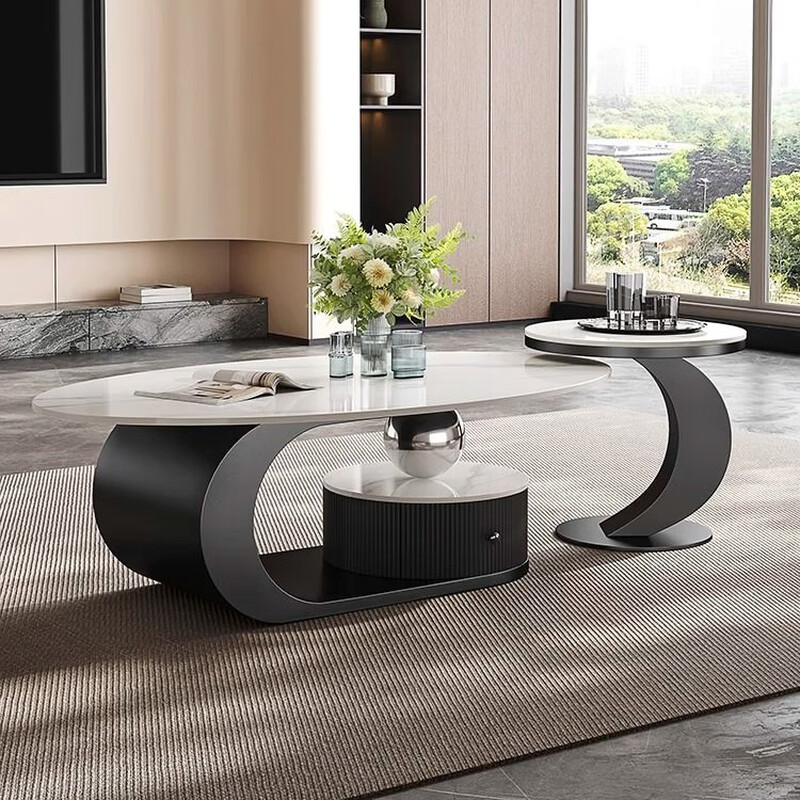 Xunbao slate coffee table modern simple living room home small apartment Italian light luxury high-end Internet celebrity oval coffee table Snow mountain white slate coffee table 120*60 + side table