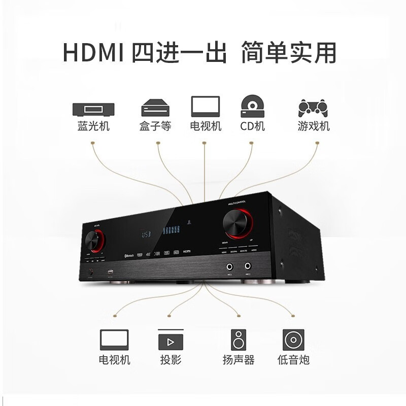 Qisheng AV-118 high-power 5.1 home Bluetooth amplifier Dolby professional AV subwoofer hifi home theater KTV audio speaker card package HDMI high-definition amplifier AV-1805 dual decoding-black 4K true 5.1 channel