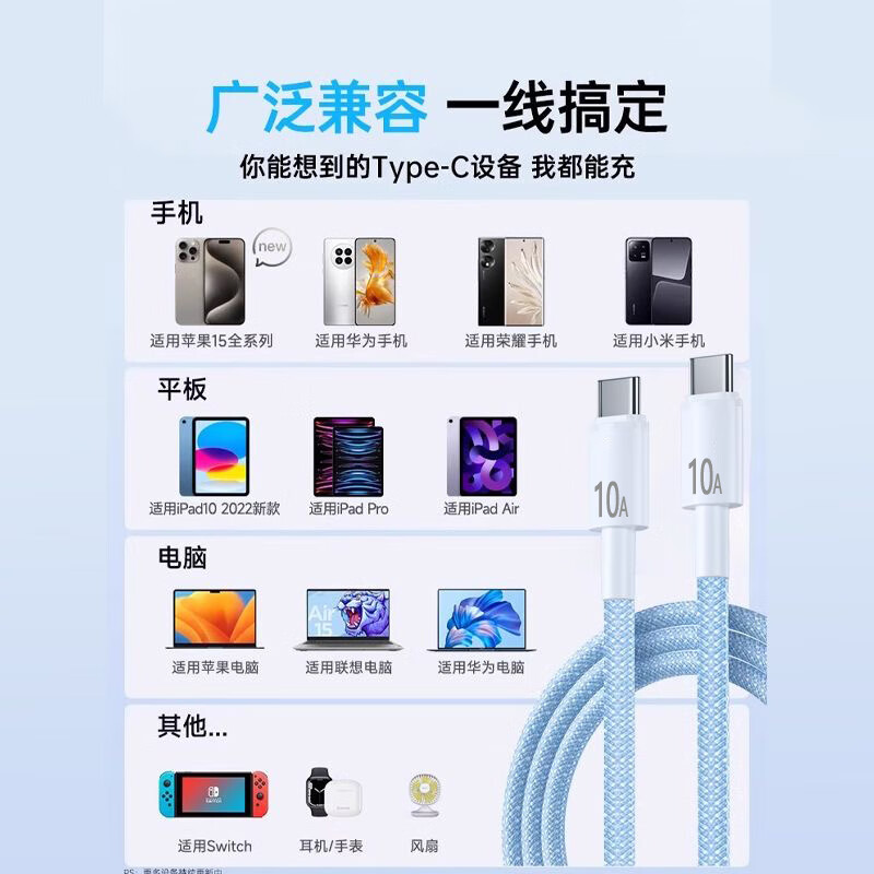 Power bank short double-ended type-c data cable 10A suitable for Apple 15/16 Huawei Xiaomi mobile phone charging cable C/C port one pack 10A precision flash charging 25 cm