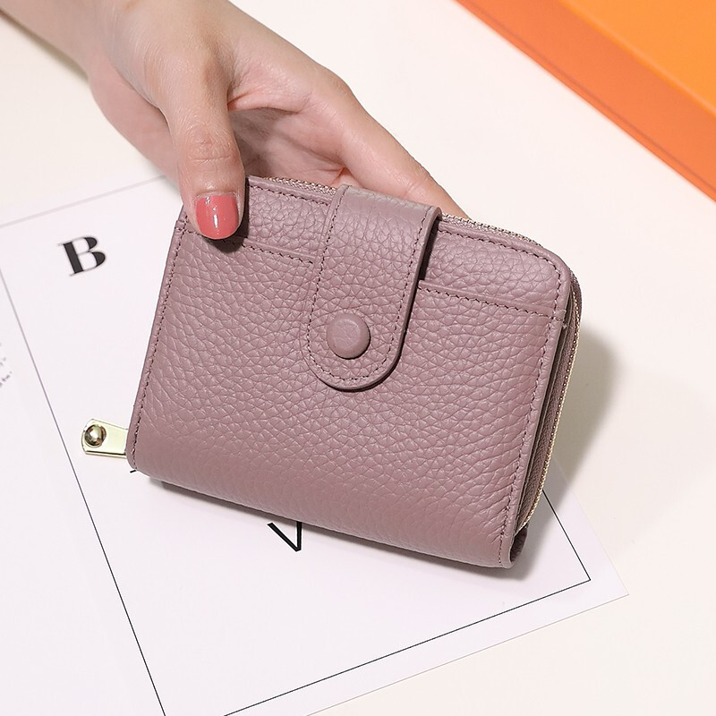 Sephoron 2026 New Genuine Leather Short Wallet Card Holder Integrated Folding Wallet Women's Versatile Valentine's Day Zipper Card Holder Soft Leather Burgundy