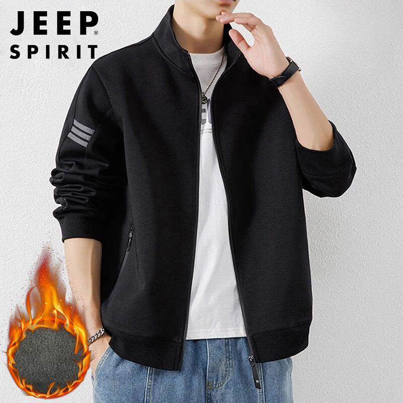 JEEP SPIRIT Jeep Jacket Men's Autumn and Winter Sweater Men's Cardigan Casual Sports Stand Collar Clothes Black Velvet XL