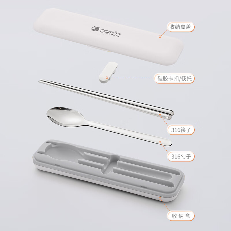 CAMUZ Food Grade 316 Stainless Steel Portable Tableware Chopsticks Spoon Set Student White-Collar Single Cutlery Box White