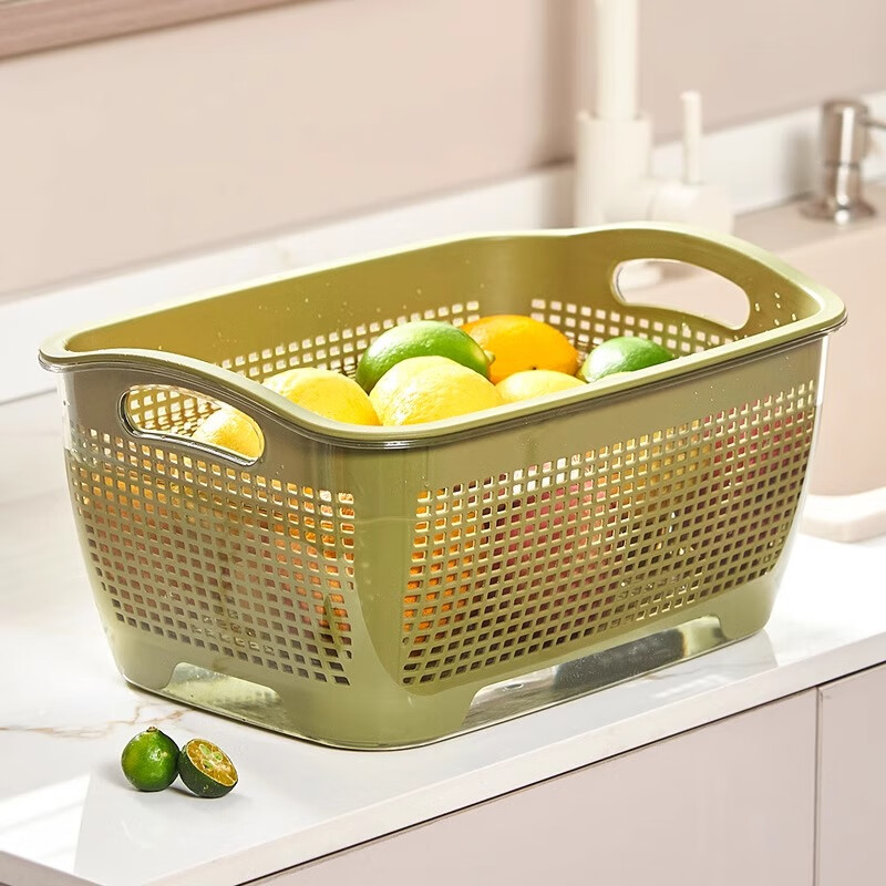 Sengaopai's new drain basket rice cleaning artifact household double-layered vegetable basin washing filter water basket living room coffee table fruit plate kitchen Big Mac large double-layered draining basket olive green