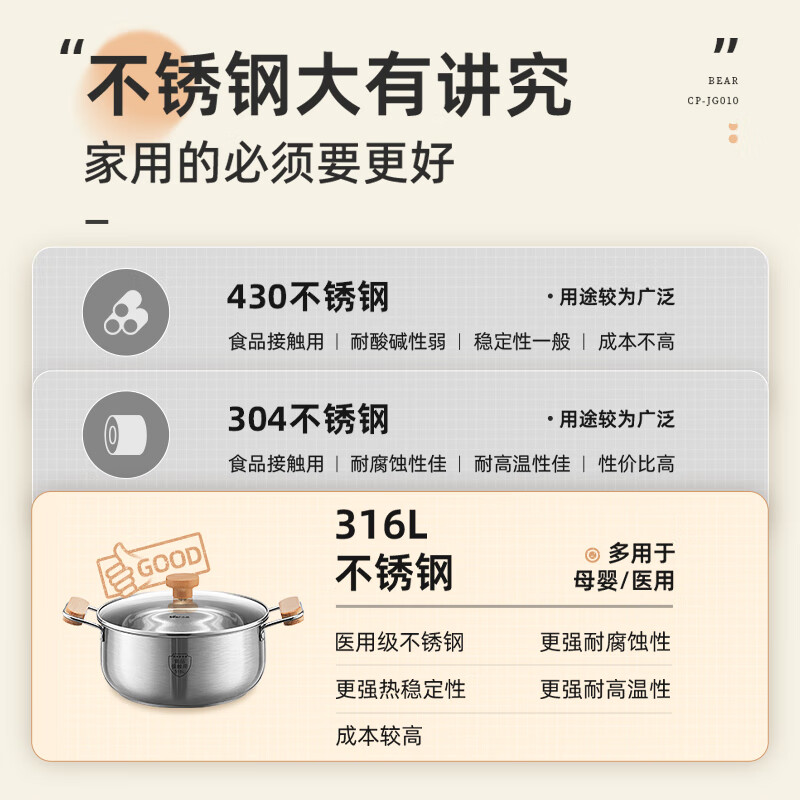 Bear 316L stainless steel soup pot + steamer stew pot steamer 24cm porridge pot gas stove universal CP-JG010-P03