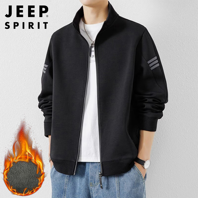 JEEP SPIRIT Jeep Jacket Men's Autumn and Winter Sweater Men's Cardigan Casual Sports Stand Collar Clothes Black Velvet XL