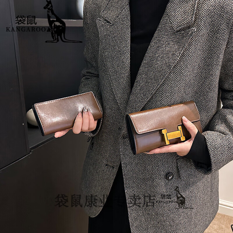 Kangaroo Wallet Women's Short 2024 Chinese Valentine's Day Light Luxury Retro Large Capacity Multi-Card Slots High-Value Folding Long Wallet Long Black