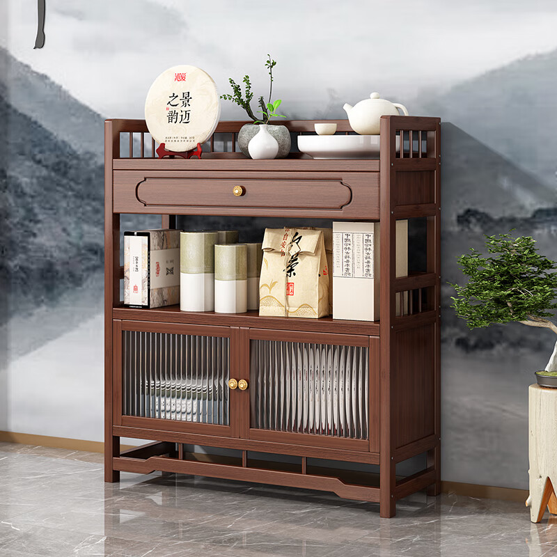Bamboo Youjia tea cabinet office tea cabinet storage rack living room tea table table side cabinet tea room tea set storage storage cabinet walnut color three-layer with door with drawer 68 long storage rack