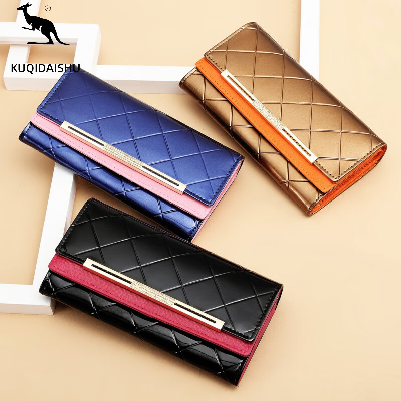 KUQIDAISHU high-end women's long wallet women's genuine leather buckle clutch wallet large capacity tri-fold wallet holiday gift coffee gold + orange (crocodile pattern)