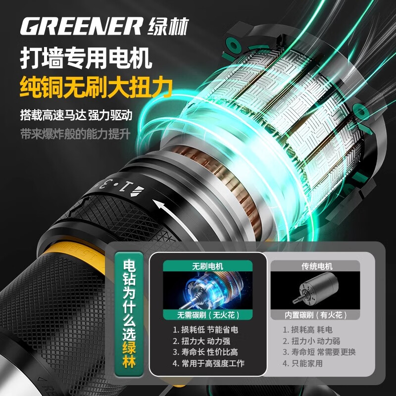Green Forest 21V Brushless Lithium Electric Drill 55N.M Hand Electric Drill Rechargeable Drilling Multi-Function Power Transfer Free 27 Luxury Accessories