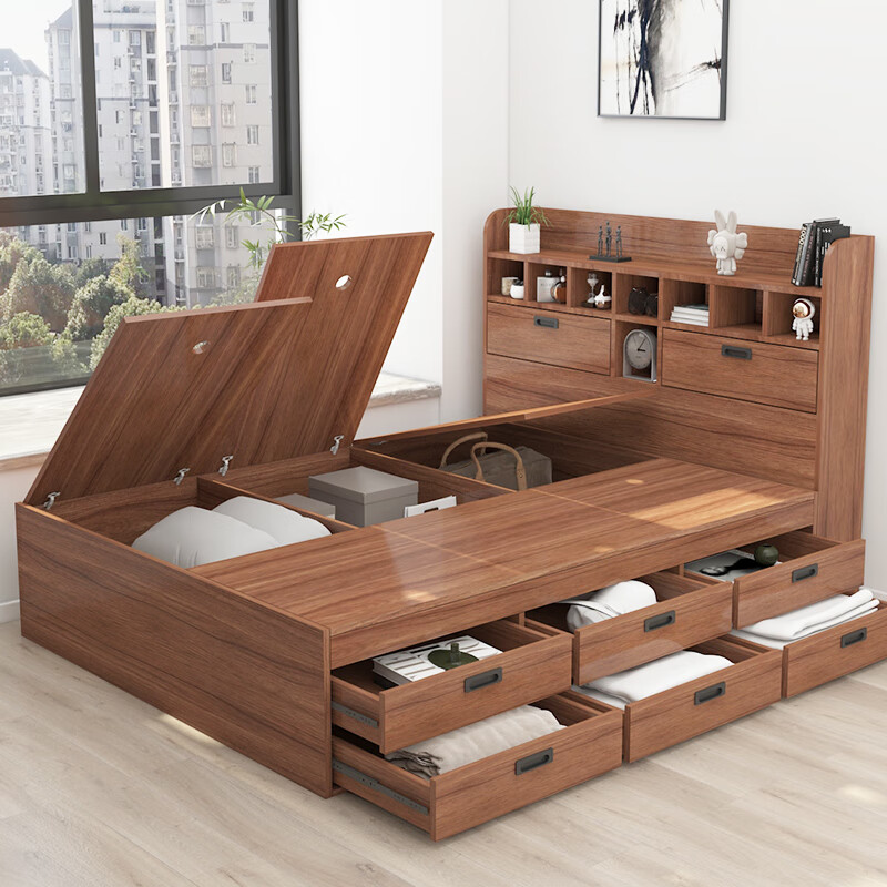 Pingziji small apartment tatami bed combination set high box storage drawer bed bedroom furniture ENF grade paint-free board customization embossed walnut color 1.5m tatami + standing cabinet + bedside