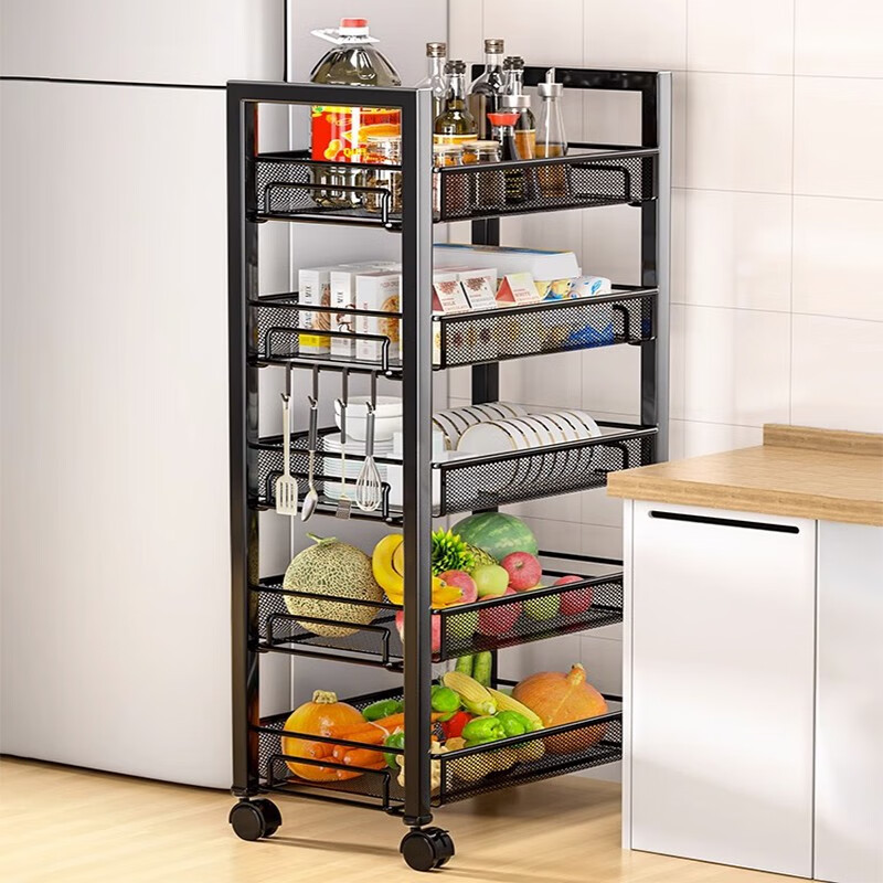 Qinwangge kitchen vegetable basket rack floor-standing multi-layer mobile household fruit and vegetable storage removable oven microwave pot rack three layers - two nets and one board standard model with hanging box