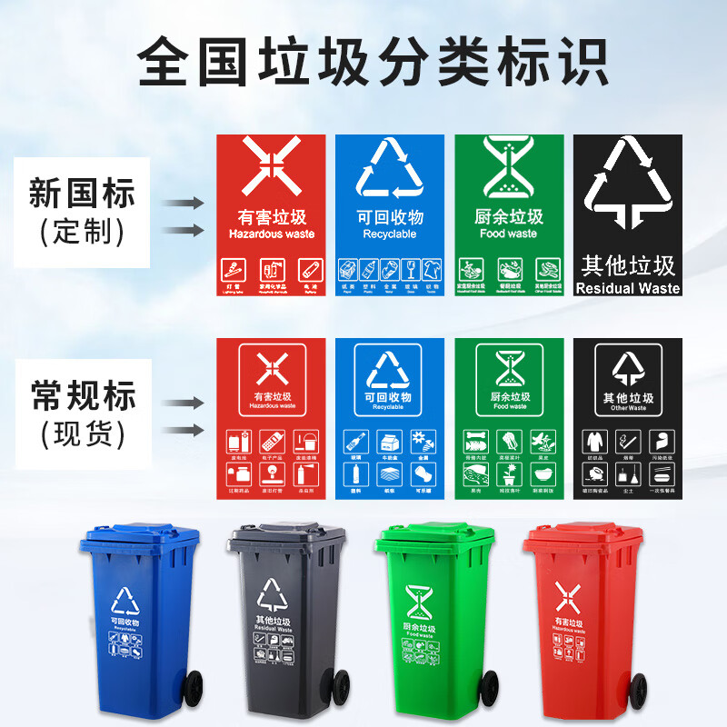Outdoor trash can large trailer garbage classification property hotel commercial wheeled cover large capacity thickened 50 liters four wheels + cover + red harmful