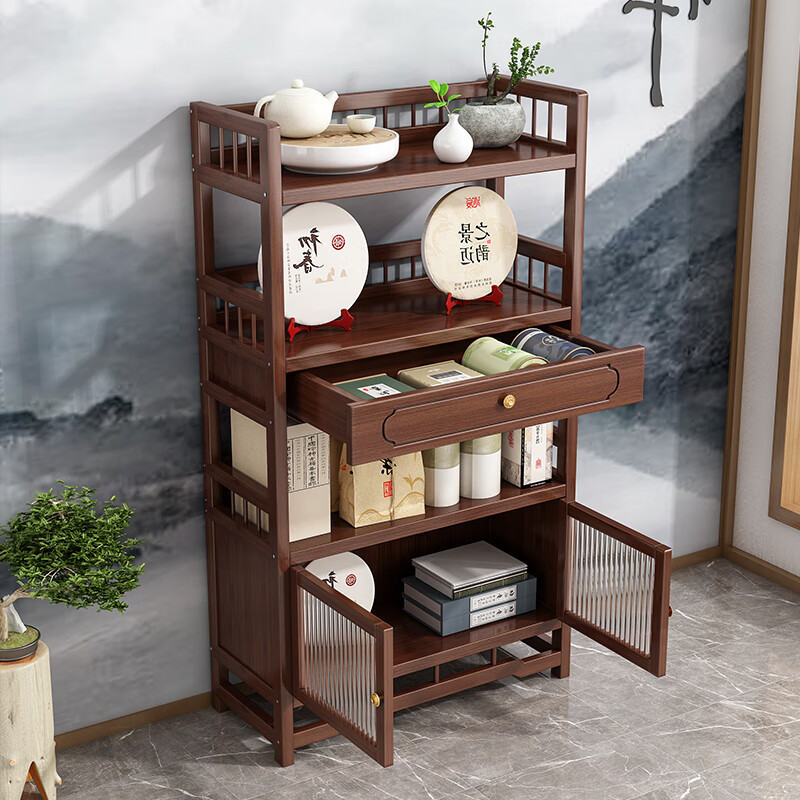 Bamboo Youjia tea cabinet office tea cabinet storage rack living room tea table table side cabinet tea room tea set storage storage cabinet walnut color three-layer with door with drawer 68 long storage rack