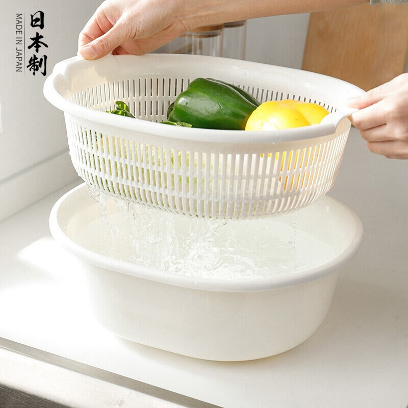 Home KATEI STORY Japanese imported kitchen drain basket plastic sink fruit and vegetable washing basin dish storage basket white set (double layer)