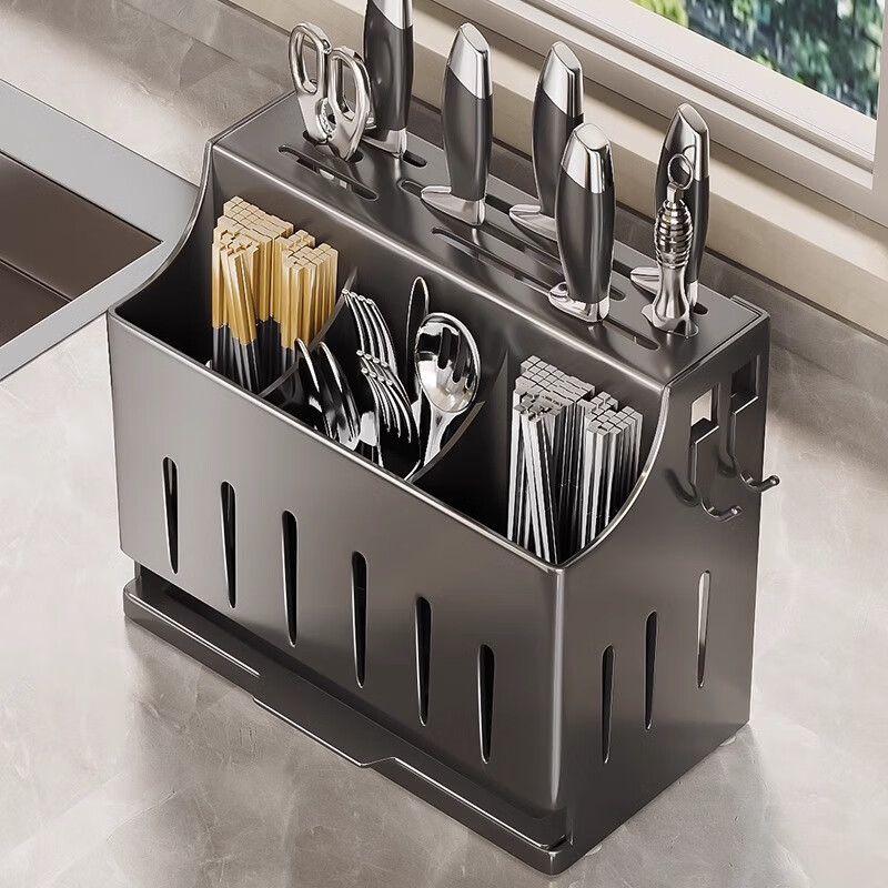Benwang (BW) stainless steel kitchen knife rack multi-functional countertop cutting board knife chopstick tube chopstick cage integrated storage rack gun gray 304 steel countertop model three cups 4 hooks
