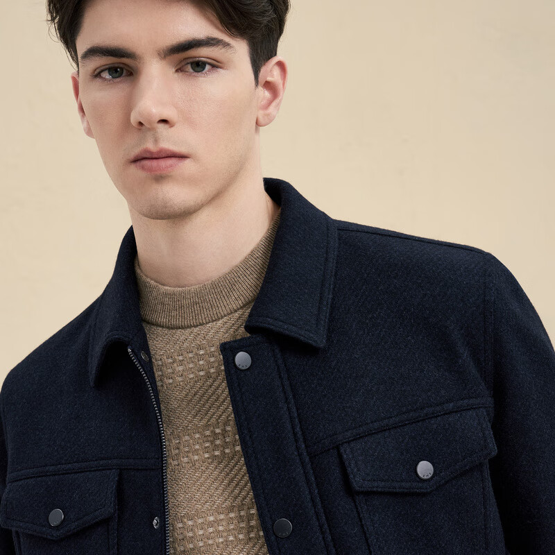 EMZ Ordos 100% sheep wool autumn and winter new dark pattern double placket zipper lapel men's jacket